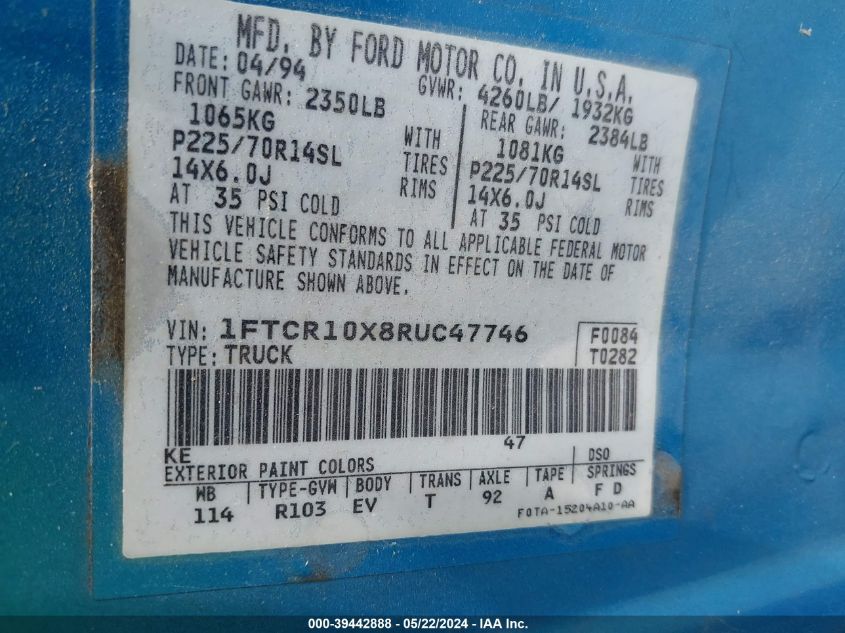 1994 Ford Ranger VIN: 1FTCR10X8RUC47746 Lot: 39442888