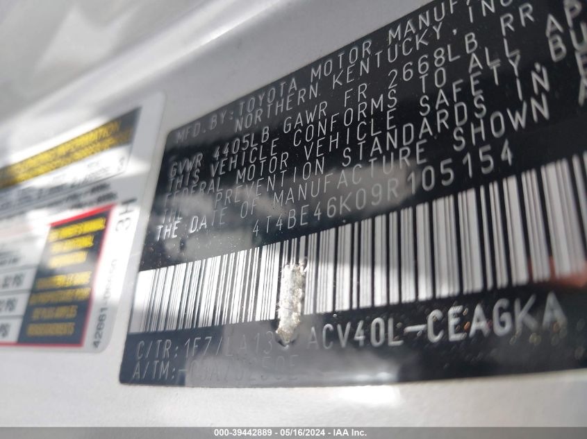 2009 Toyota Camry Xle VIN: 4T4BE46K09R105154 Lot: 39442889