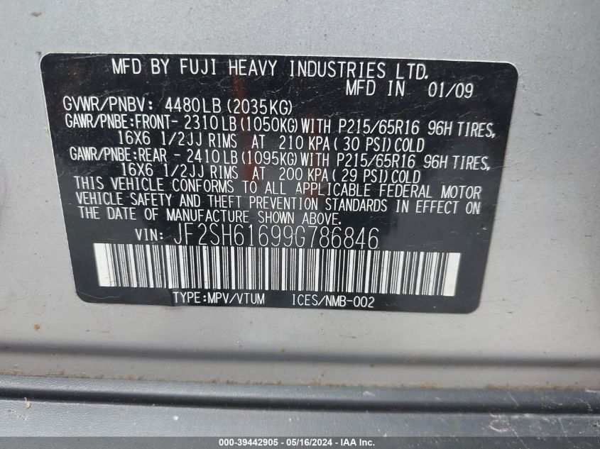 2009 Subaru Forester 2.5X VIN: JF2SH61699G786846 Lot: 39442905