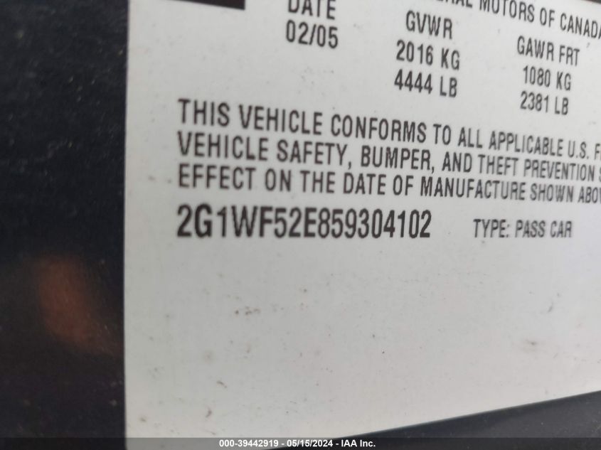 2005 Chevrolet Impala VIN: 2G1WF52E859304102 Lot: 39442919