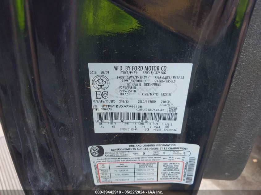 2010 Ford F-150 Fx4/Harley-Davidson/King Ranch/Lariat/Platinum/Xl/Xlt VIN: 1FTFW1EVXAFA66136 Lot: 39442918