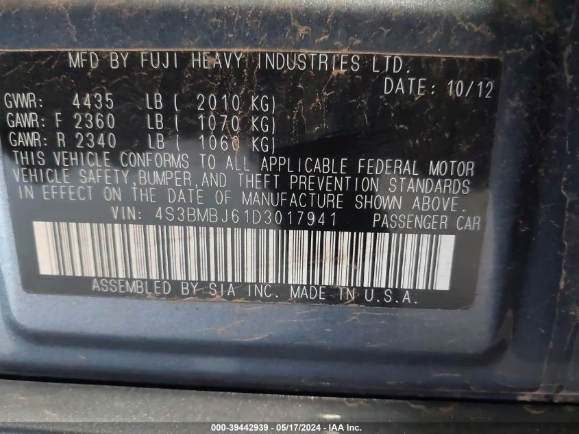 2013 Subaru Legacy 2.5I Limited VIN: 4S3BMBJ61D3017941 Lot: 39442939
