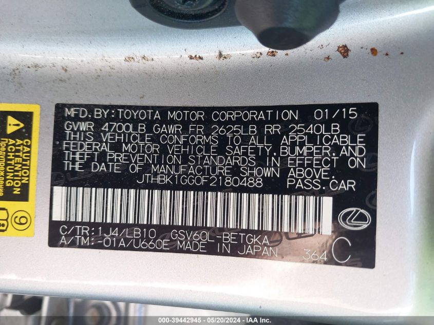 2015 Lexus Es 350 VIN: JTHBK1GG0F2180488 Lot: 39442945