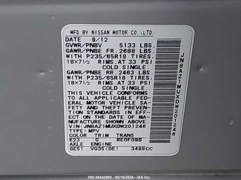 2013 Nissan Murano S/Sl/Le VIN: JN8AZ1MUXDW201246 Lot: 39442968