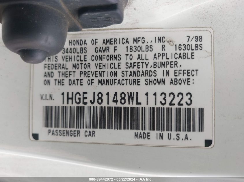1998 Honda Civic Ex VIN: 1HGEJ8148WL113223 Lot: 39442972