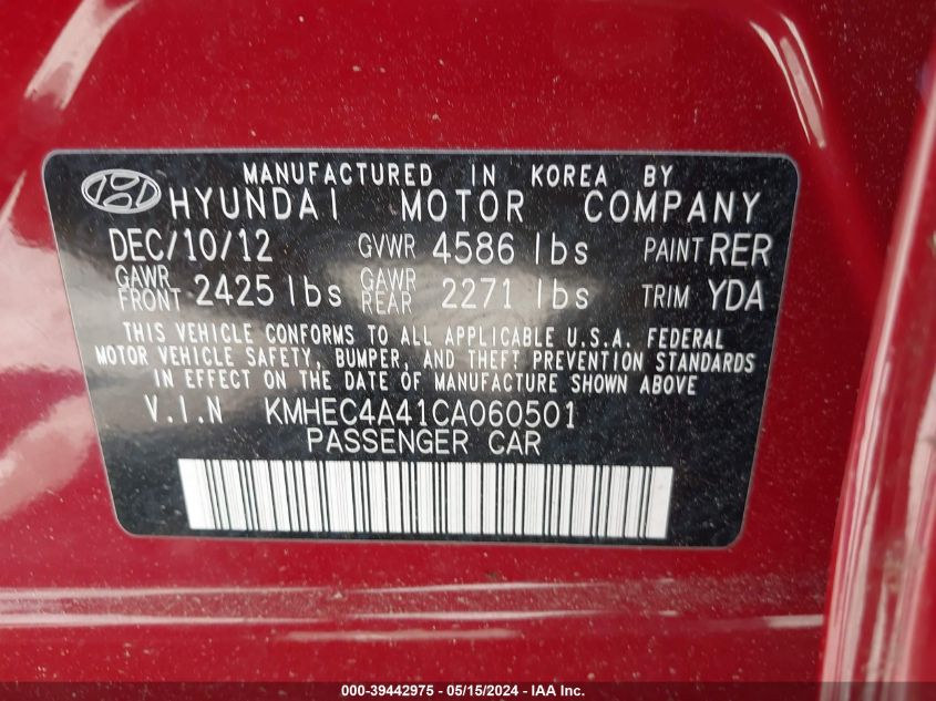 2012 Hyundai Sonata Hybrid VIN: KMHEC4A41CA060501 Lot: 39442975