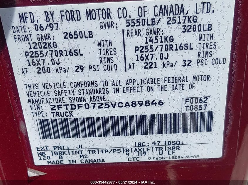 1997 Ford F-150 Xl/Xlt VIN: 2FTDF0725VCA89846 Lot: 39442977