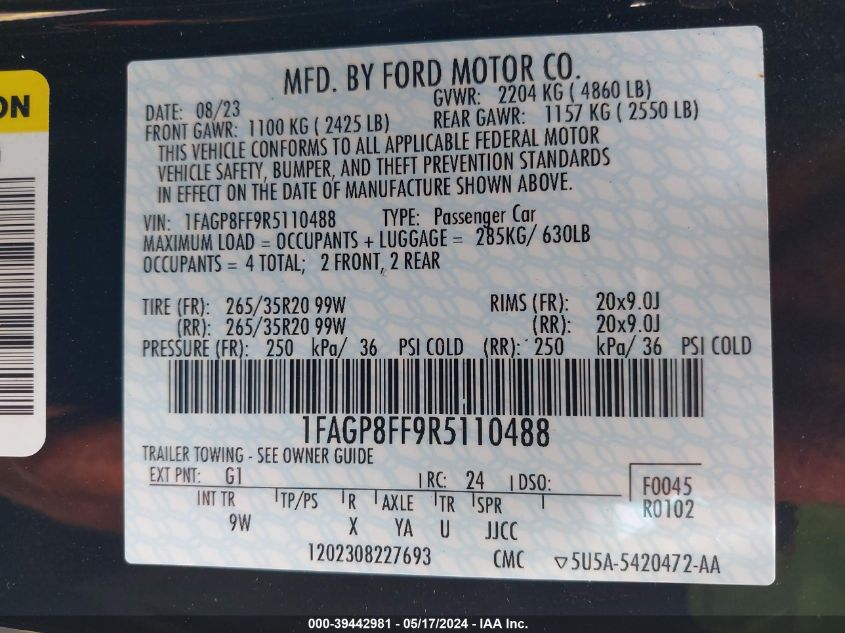 2024 Ford Mustang Gt Premium VIN: 1FAGP8FF9R5110488 Lot: 39442981