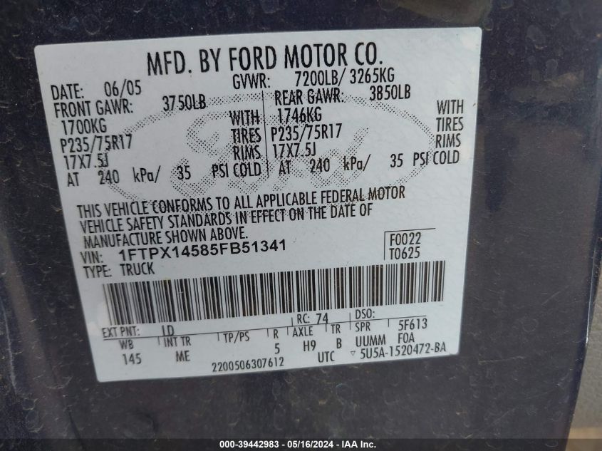 2005 Ford F-150 Fx4/Lariat/Xl/Xlt VIN: 1FTPX14585FB51341 Lot: 39442983