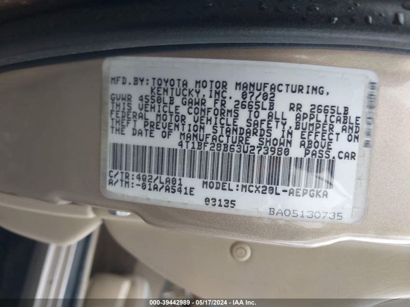 2003 Toyota Avalon Xls VIN: 4T1BF28B63U273980 Lot: 39442989