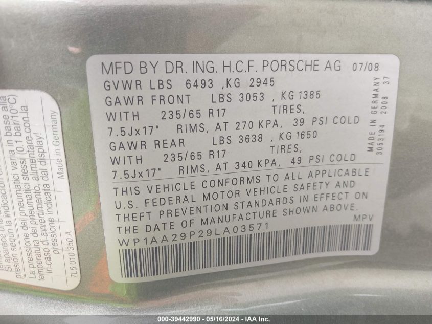2009 Porsche Cayenne VIN: WP1AA29P29LA03571 Lot: 39442990