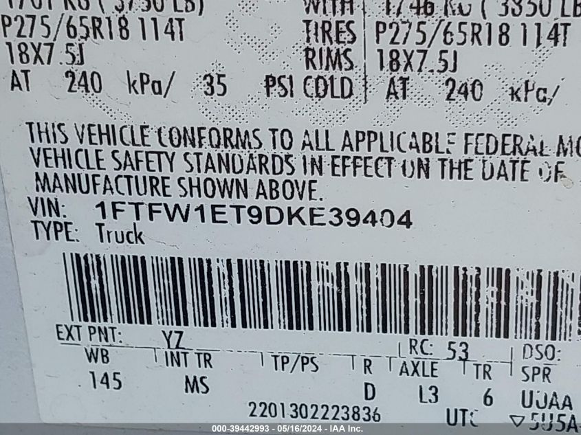 2013 Ford F-150 Xlt VIN: 1FTFW1ET9DKE39404 Lot: 39442993