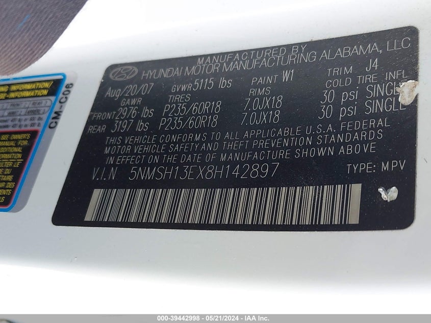 2008 Hyundai Santa Fe Limited/Se VIN: 5NMSH13EX8H142897 Lot: 39442998