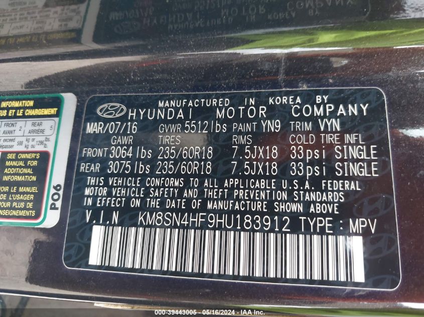 2017 Hyundai Santa Fe Se VIN: KM8SN4HF9HU183912 Lot: 39443005