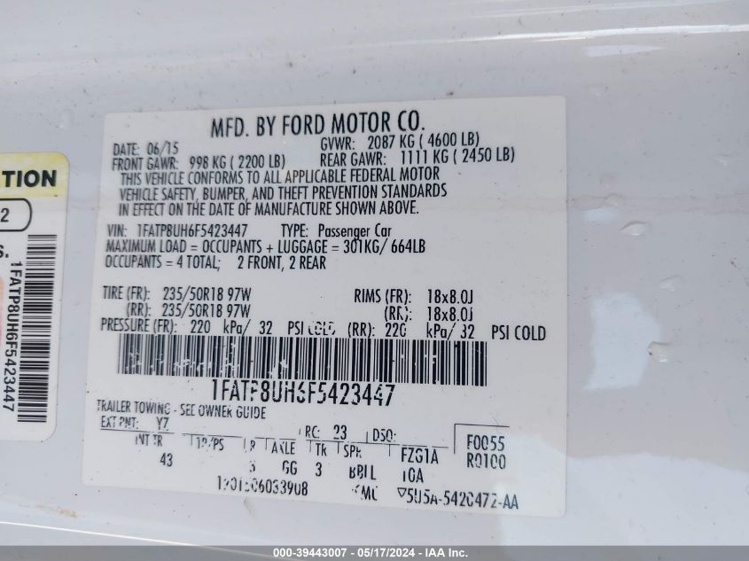 2015 Ford Mustang Ecoboost Premium VIN: 1FATP8UH6F5423447 Lot: 39443007