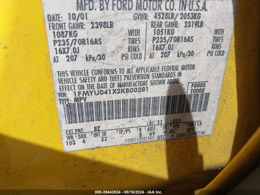 2002 Ford Escape Xlt VIN: 1FMYU041X2KB00281 Lot: 39443024