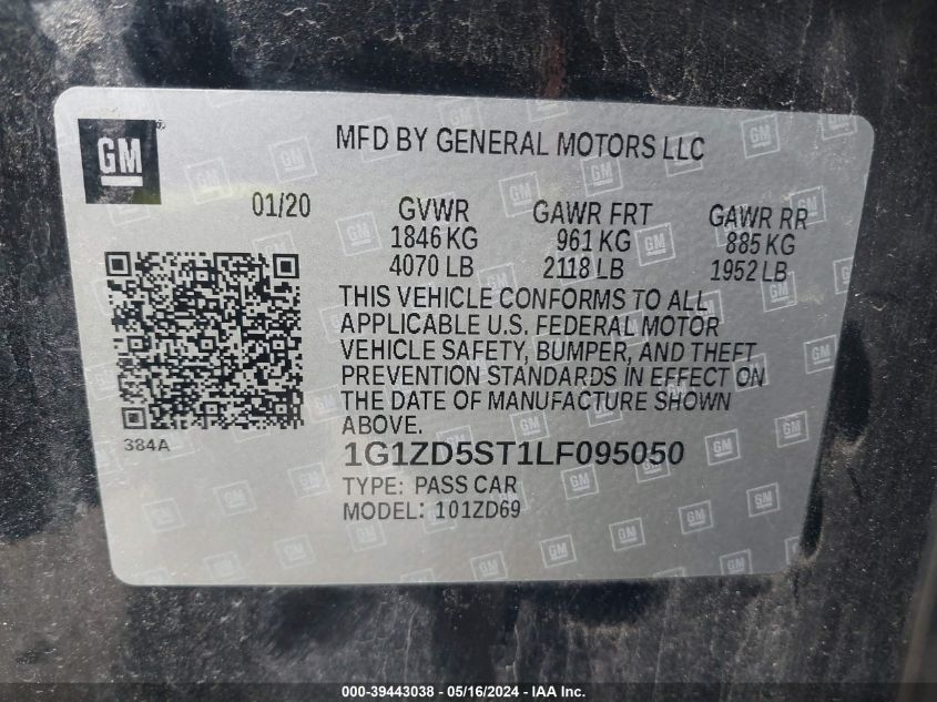 2020 Chevrolet Malibu Fwd Lt VIN: 1G1ZD5ST1LF095050 Lot: 39443038
