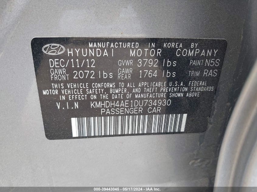 2013 Hyundai Elantra Gls VIN: KMHDH4AE1DU734930 Lot: 39443045