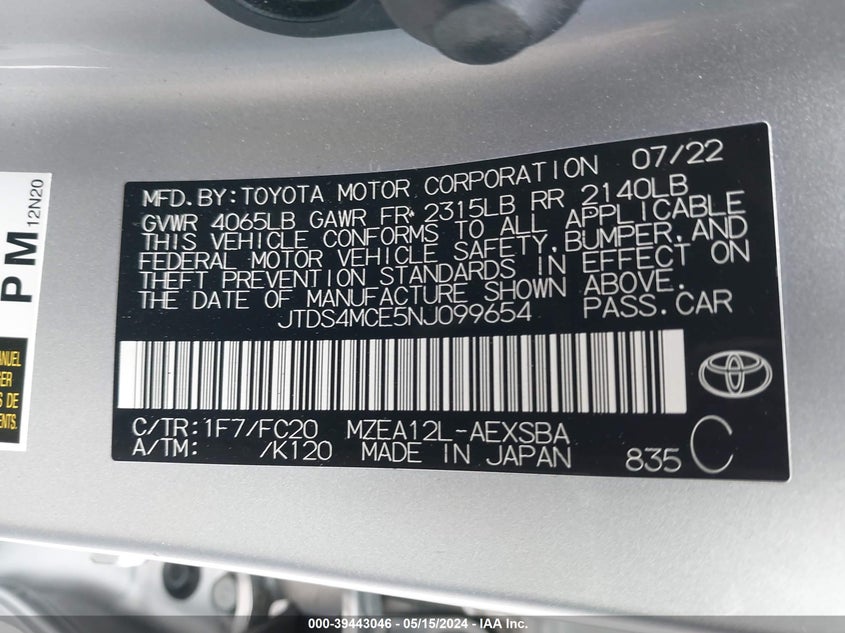 VIN JTDS4MCE5NJ099654 2022 TOYOTA COROLLA SE