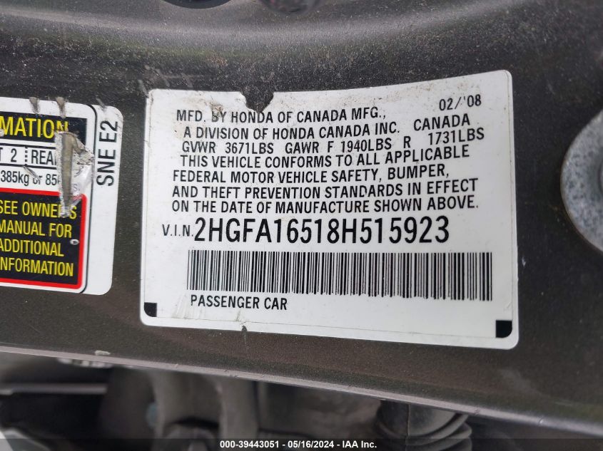 2008 Honda Civic Lx VIN: 2HGFA16518H515923 Lot: 39443051