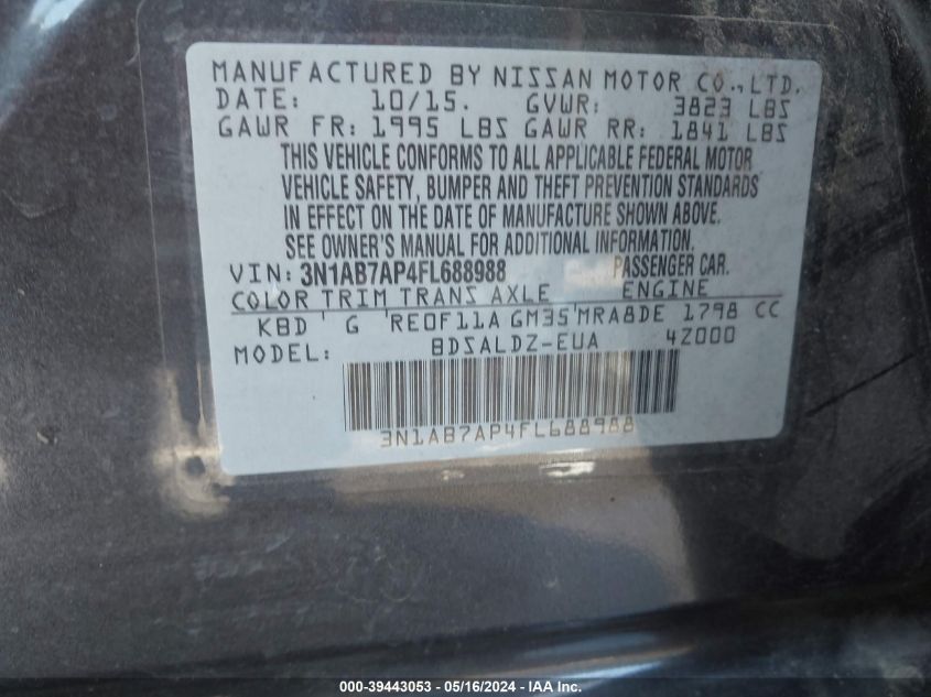 2015 Nissan Sentra Sv VIN: 3N1AB7AP4FL688988 Lot: 39443053