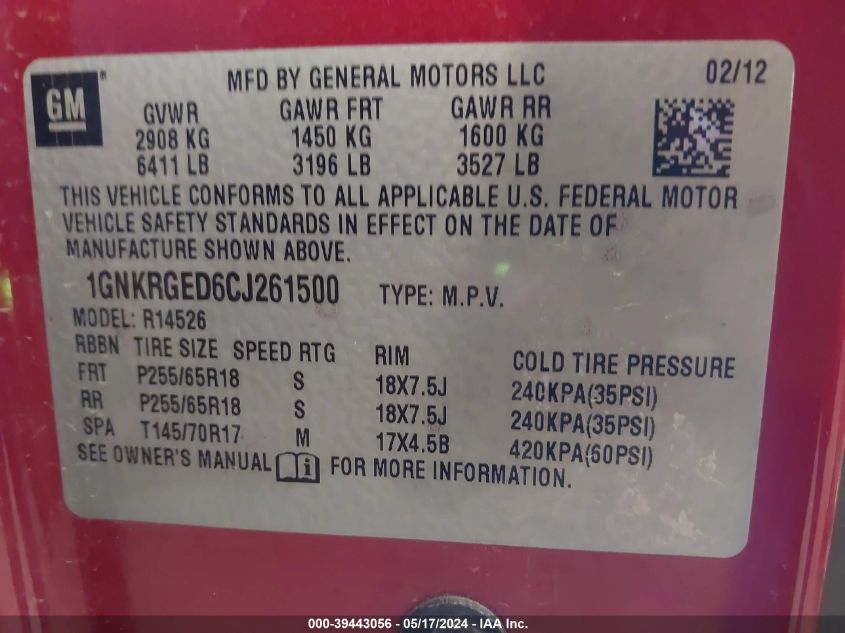 2012 Chevrolet Traverse 1Lt VIN: 1GNKRGED6CJ261500 Lot: 39443056