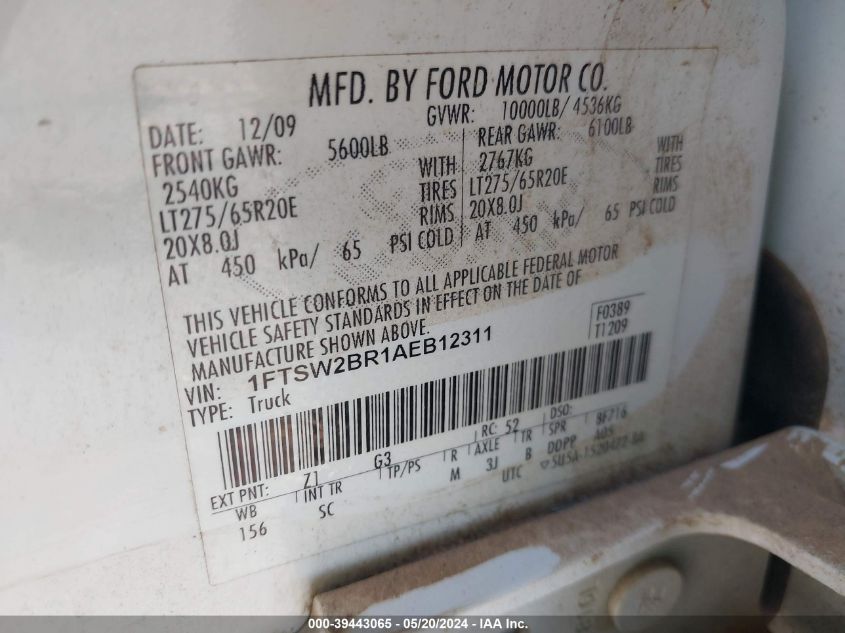 2010 Ford F-250 King Ranch VIN: 1FTSW2BR1AEB12311 Lot: 39443065