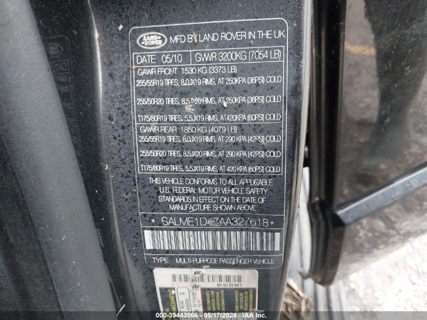 2010 Land Rover Range Rover Hse VIN: SALME1D47AA327618 Lot: 39443066