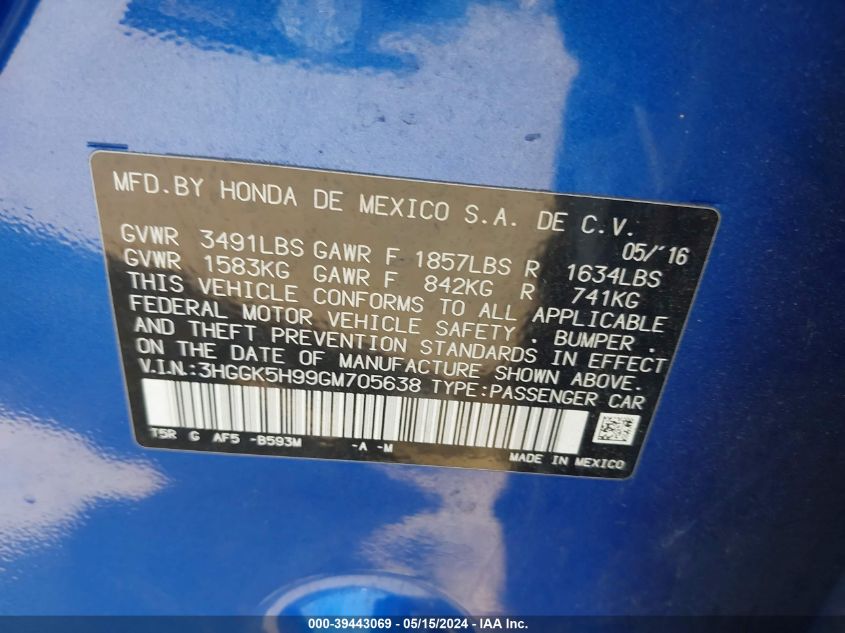2016 Honda Fit Ex-L VIN: 3HGGK5H99GM705638 Lot: 39443069