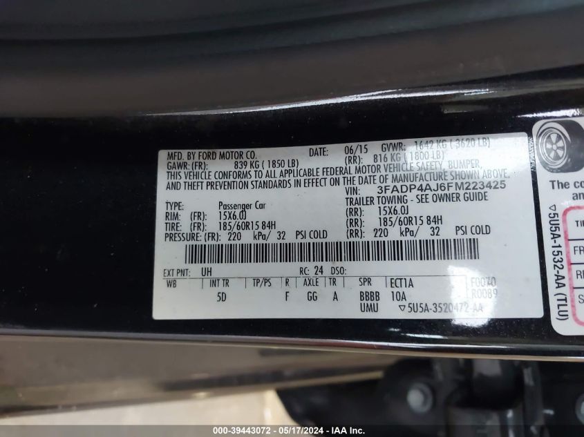 2015 Ford Fiesta S VIN: 3FADP4AJ6FM223425 Lot: 39443072