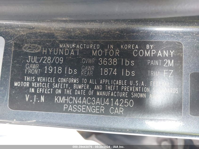 2010 Hyundai Accent Gls VIN: KMHCN4AC3AU414250 Lot: 39443076