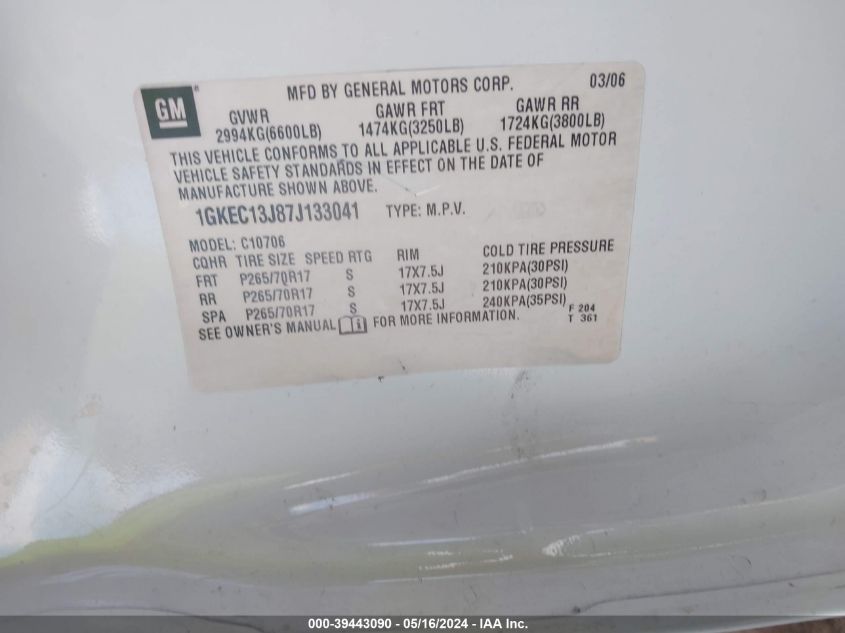 2007 GMC Yukon Commercial Fleet VIN: 1GKEC13J87J133041 Lot: 39443090