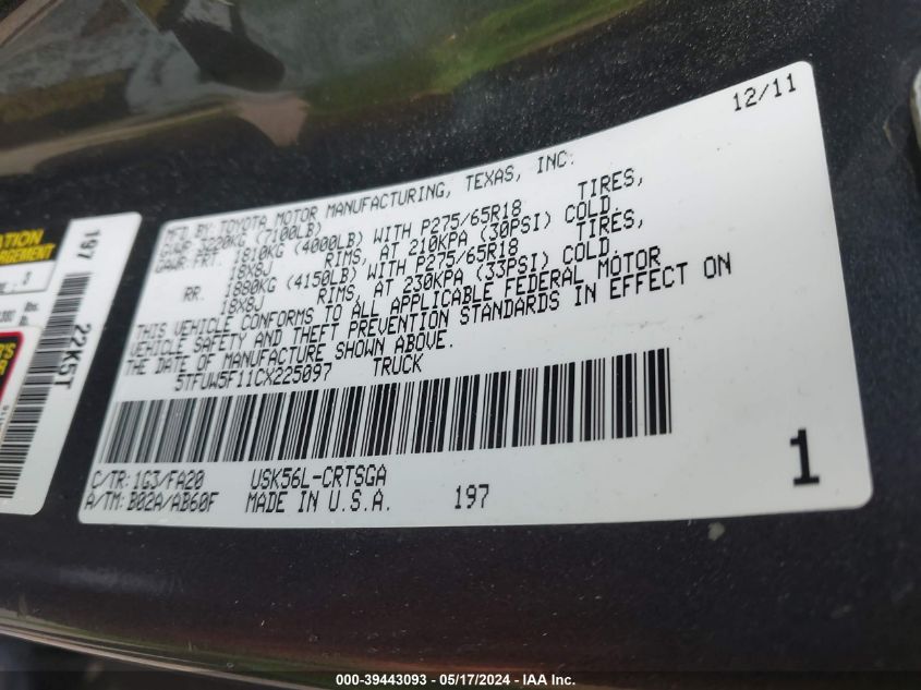 2012 Toyota Tundra Grade 5.7L V8 VIN: 5TFUW5F11CX225097 Lot: 39443093