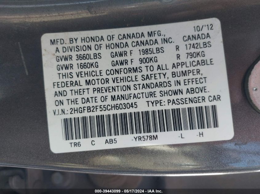 2012 Honda Civic Lx VIN: 2HGFB2F55CH603045 Lot: 39443099