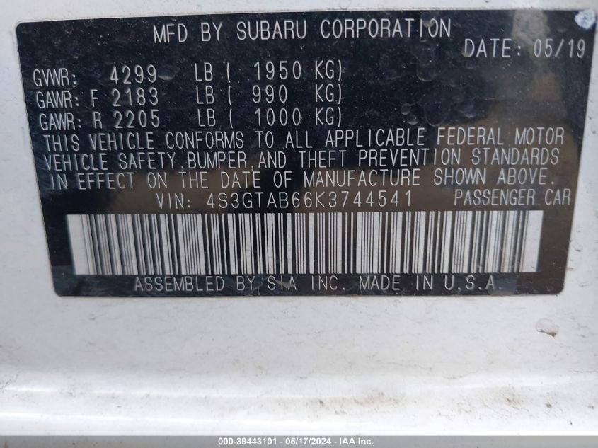 2019 Subaru Impreza 2.0I VIN: 4S3GTAB66K3744541 Lot: 39443101