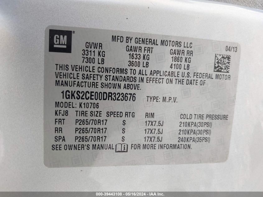 1GKS2CE00DR323676 2013 GMC Yukon Slt