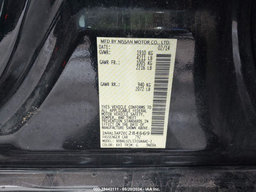 2014 Nissan Altima 2.5 Sv VIN: 1N4AL3AP2EC284669 Lot: 39443111