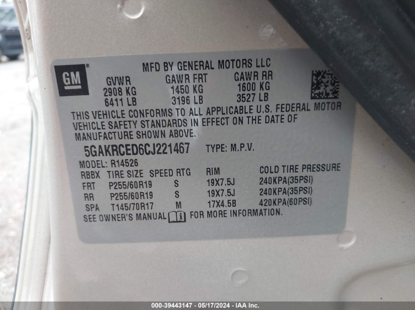 2012 Buick Enclave VIN: 5GAKRCED6CJ221467 Lot: 39443147