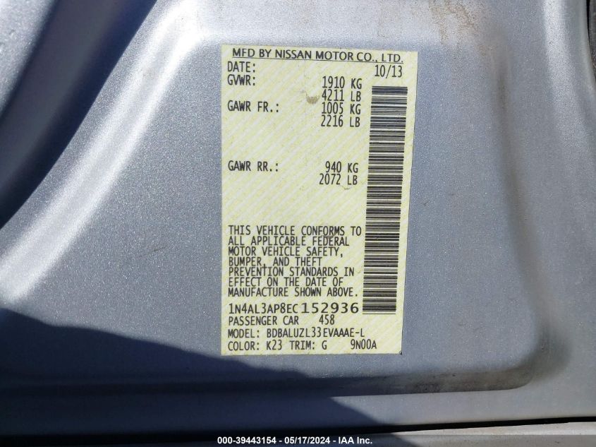 2014 Nissan Altima 2.5 Sv VIN: 1N4AL3AP8EC152936 Lot: 39443154