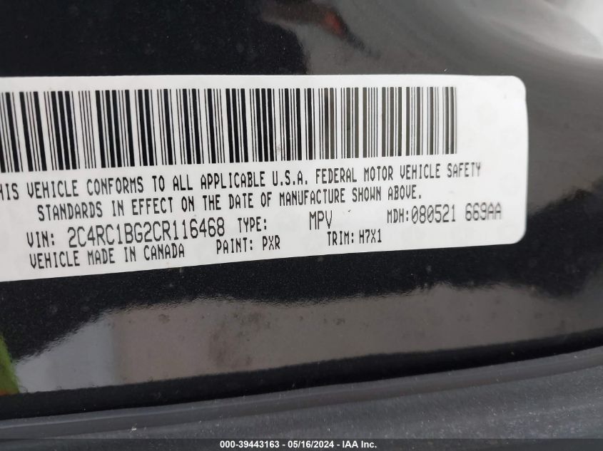 2012 Chrysler Town & Country Touring VIN: 2C4RC1BG2CR116468 Lot: 39443163