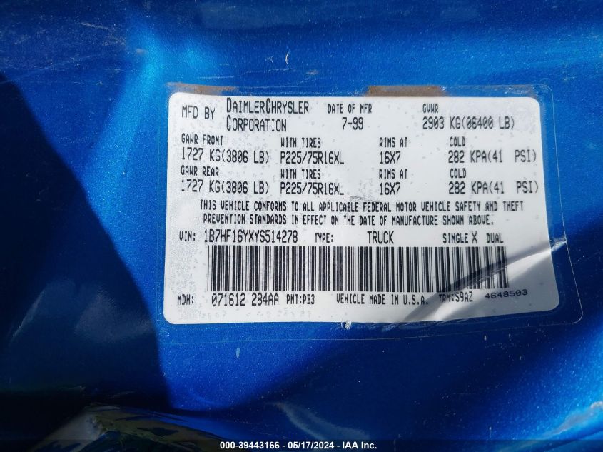2000 Dodge Ram 1500 St VIN: 1B7HF16YXYS514278 Lot: 39443166
