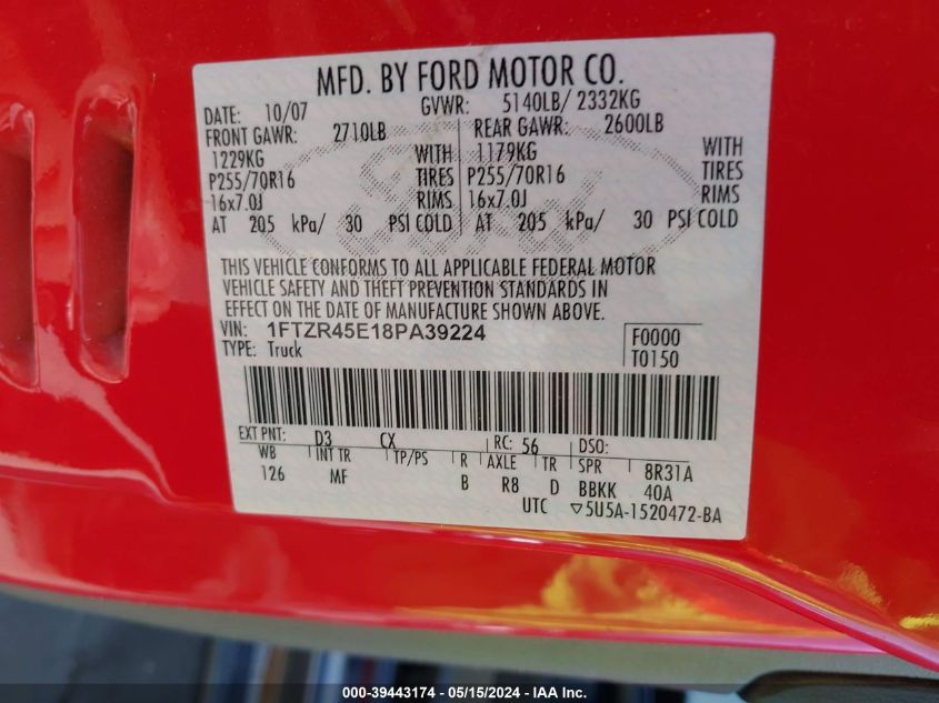2008 Ford Ranger Fx4 Off-Road/Sport/Xlt VIN: 1FTZR45E18PA39224 Lot: 39443174