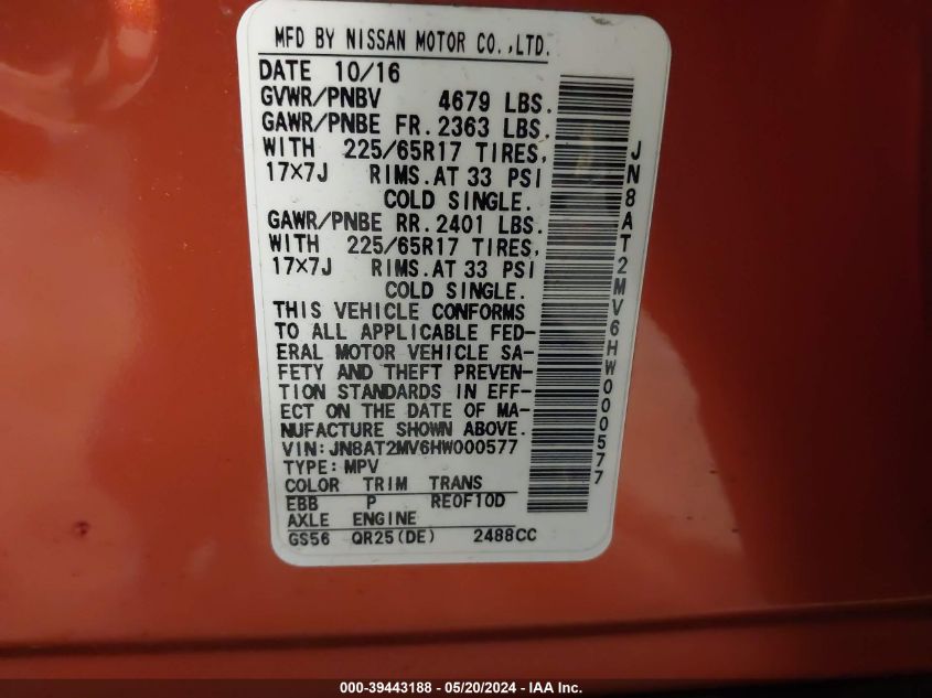 2017 Nissan Rogue S VIN: JN8AT2MV6HW000577 Lot: 39443188