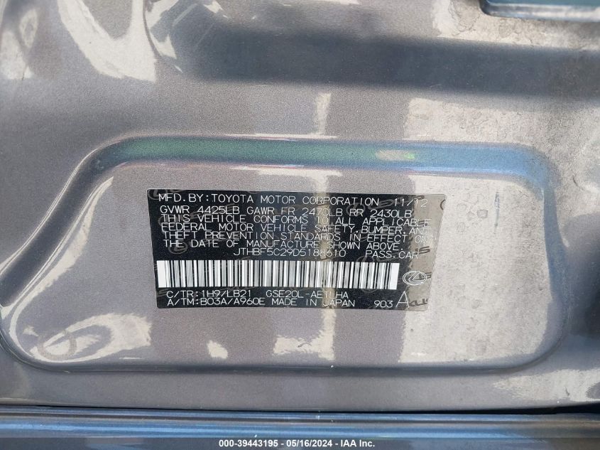 2013 Lexus Is 250 VIN: JTHBF5C29D5188610 Lot: 39443195