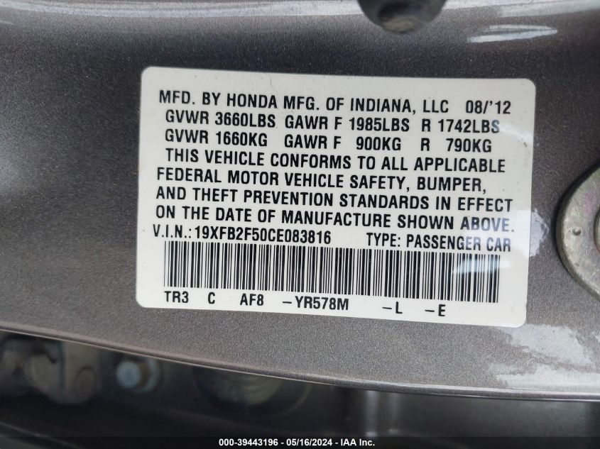 2012 Honda Civic Lx VIN: 19XFB2F50CE083816 Lot: 39443196