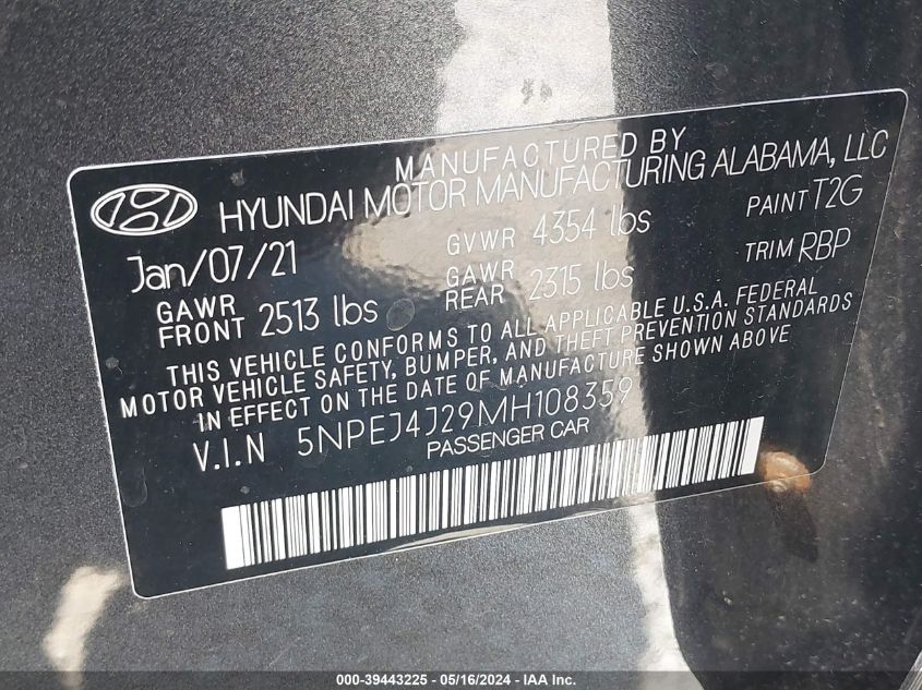 2021 Hyundai Sonata Sel Plus VIN: 5NPEJ4J29MH108359 Lot: 39443225