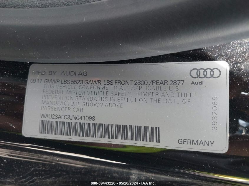 2018 Audi A7 3.0T Premium Plus VIN: WAU23AFC2JN040198 Lot: 39443226