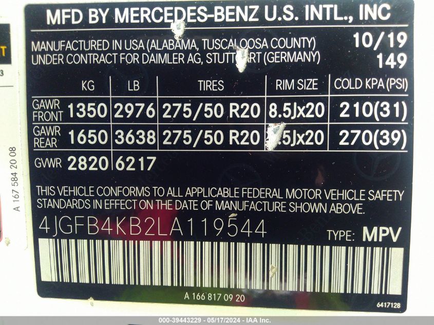 2020 Mercedes-Benz Gle 350 4Matic VIN: 4JGFB4KB2LA119544 Lot: 39443229