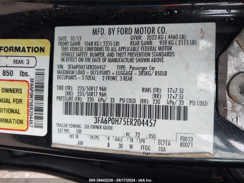 2014 Ford Fusion Se VIN: 3FA6P0H75ER204457 Lot: 39443230