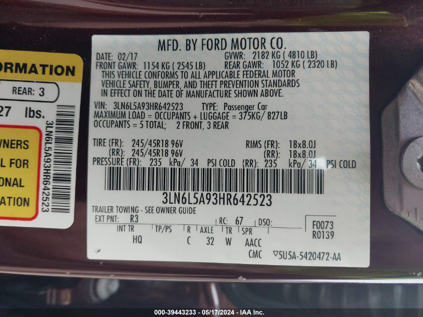 2017 Lincoln Mkz Premiere VIN: 3LN6L5A93HR642523 Lot: 39443233